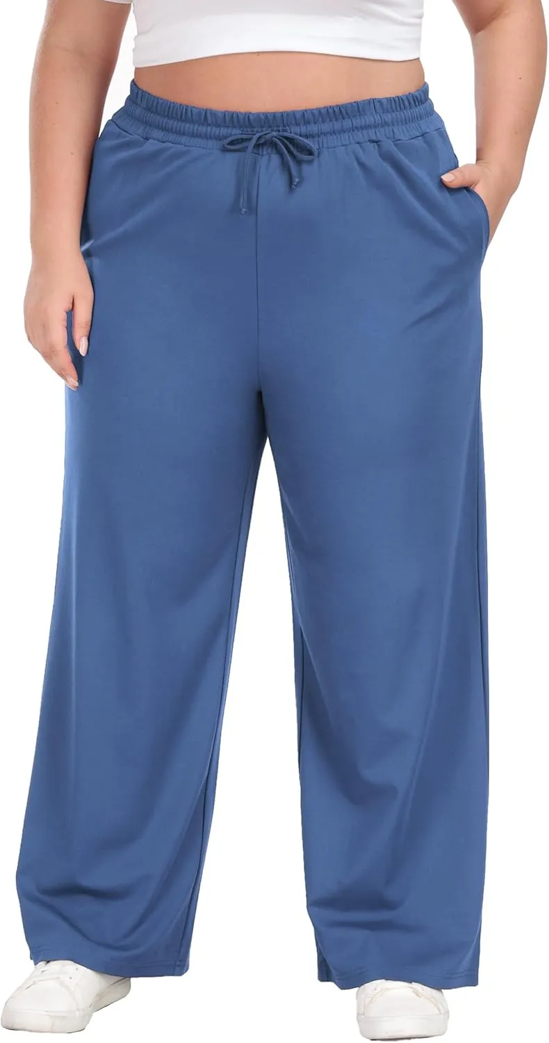 Cheapestbuy Women's Plus Size Casual Pants Comfy Wide Leg Pants Stretchy Loose Fit Lounge Pants with Pockets