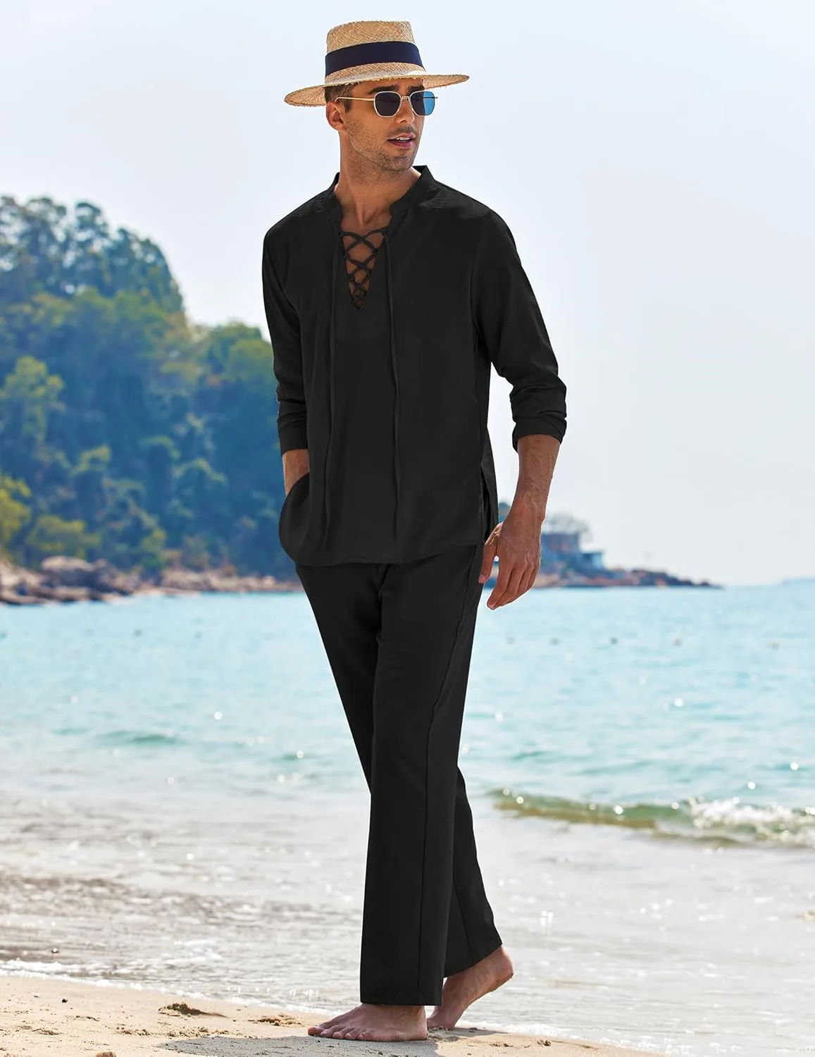 COOFANDY Men's 2 Piece Linen Set Long Sleeve Henley Shirts Casual Beach Pants With Pockets Summer Yoga Outfits