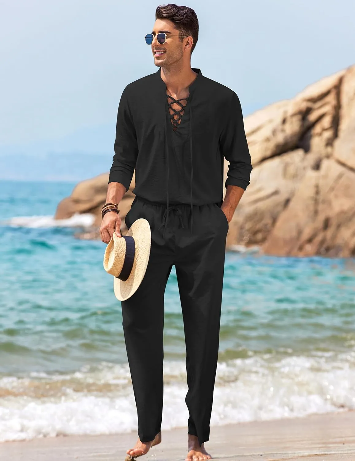 COOFANDY Men's 2 Piece Linen Set Long Sleeve Henley Shirts Casual Beach Pants With Pockets Summer Yoga Outfits
