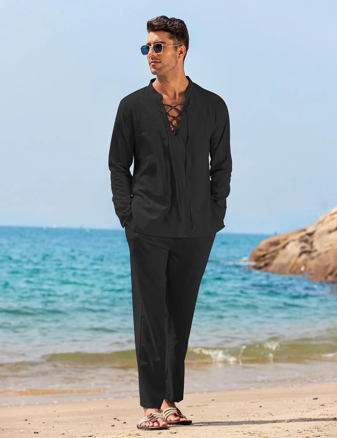 COOFANDY Men's 2 Piece Linen Set Long Sleeve Henley Shirts Casual Beach Pants With Pockets Summer Yoga Outfits