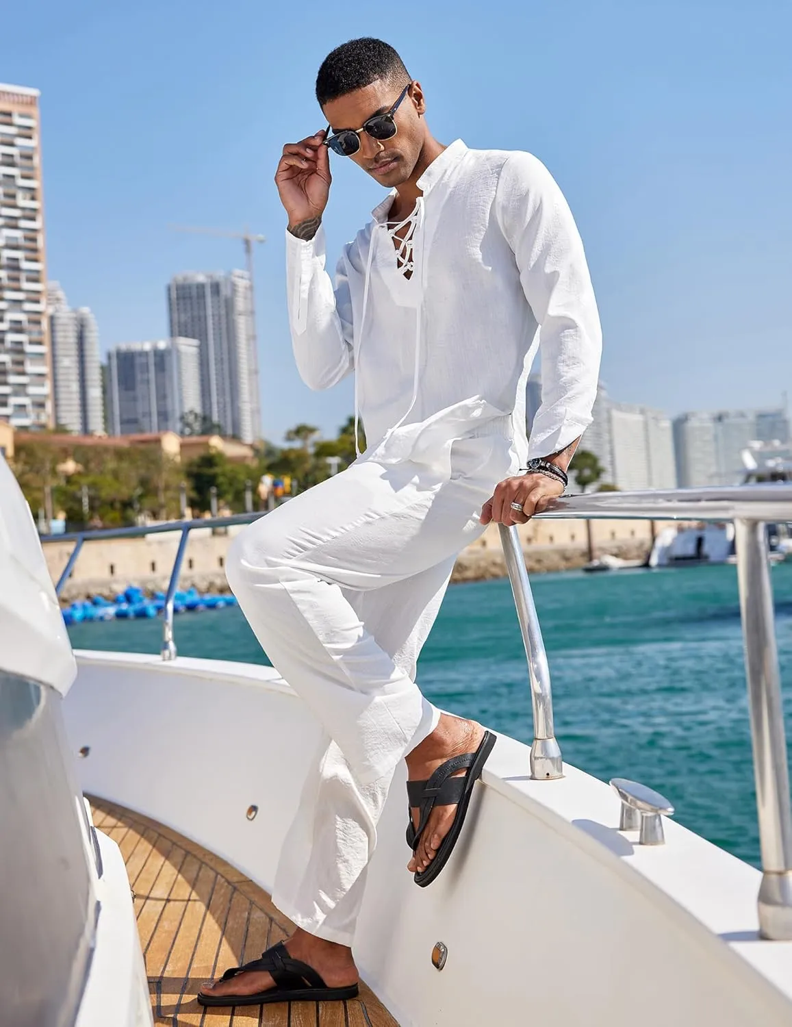COOFANDY Men's 2 Piece Linen Set Long Sleeve Henley Shirts Casual Beach Pants With Pockets Summer Yoga Outfits