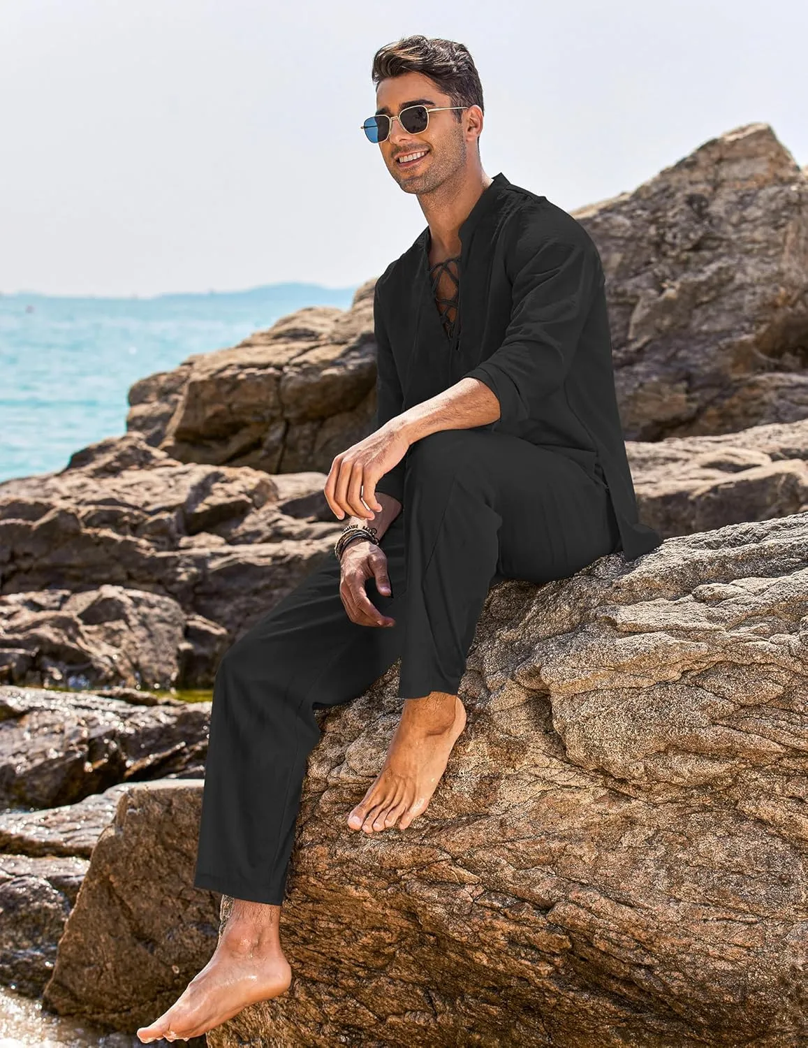 COOFANDY Men's 2 Piece Linen Set Long Sleeve Henley Shirts Casual Beach Pants With Pockets Summer Yoga Outfits