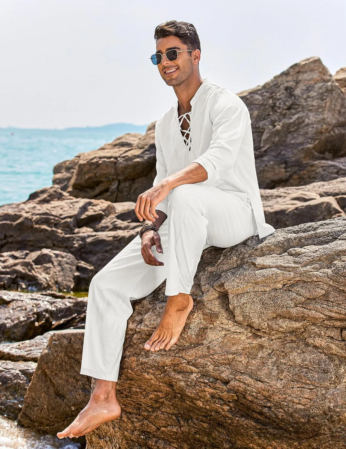 COOFANDY Men's 2 Piece Linen Set Long Sleeve Henley Shirts Casual Beach Pants With Pockets Summer Yoga Outfits