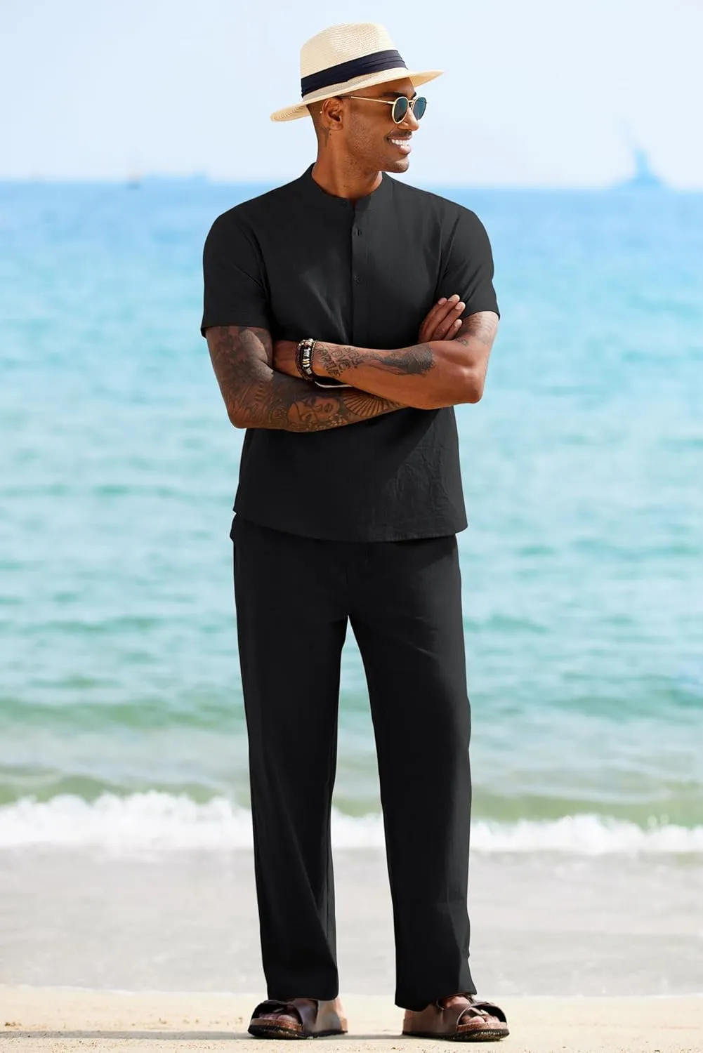 COOFANDY Mens 2 Pieces Cotton Linen Sets Short Sleeve Casual Henley Shirt Summer Beach Pants Lounge Vacation Outfits Set