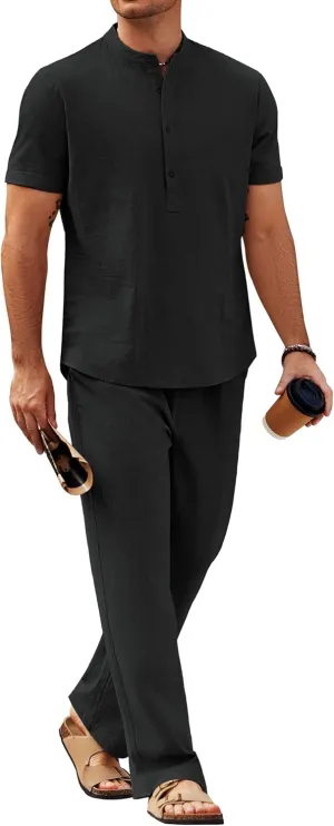 COOFANDY Mens 2 Pieces Cotton Linen Sets Short Sleeve Casual Henley Shirt Summer Beach Pants Lounge Vacation Outfits Set