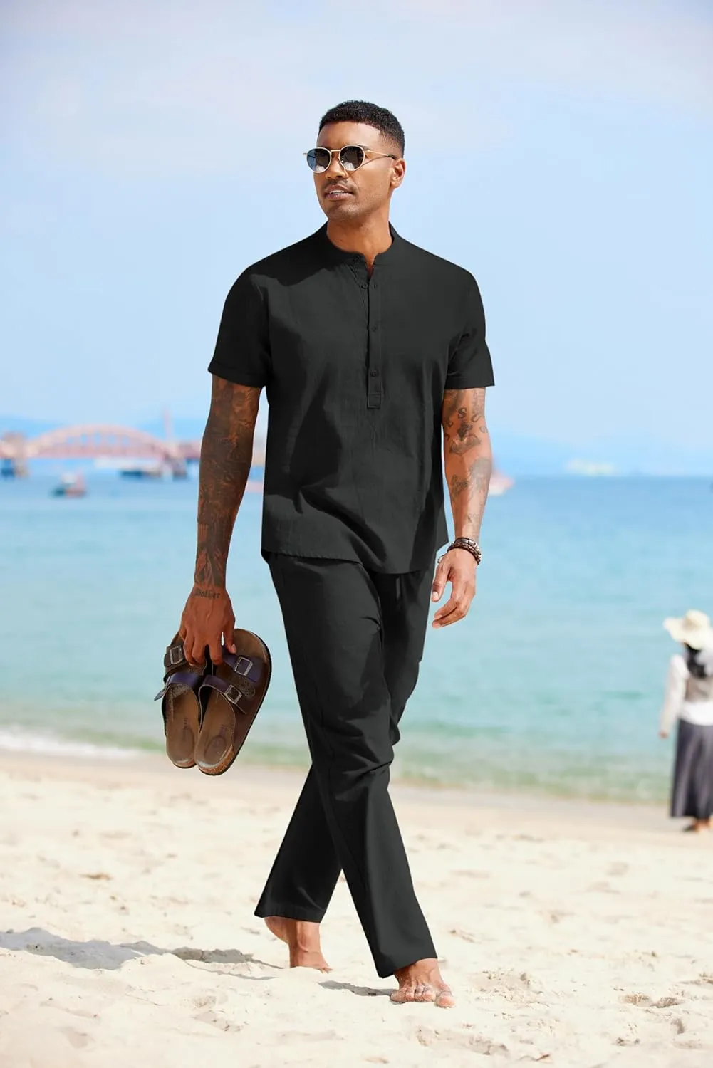 COOFANDY Mens 2 Pieces Cotton Linen Sets Short Sleeve Casual Henley Shirt Summer Beach Pants Lounge Vacation Outfits Set