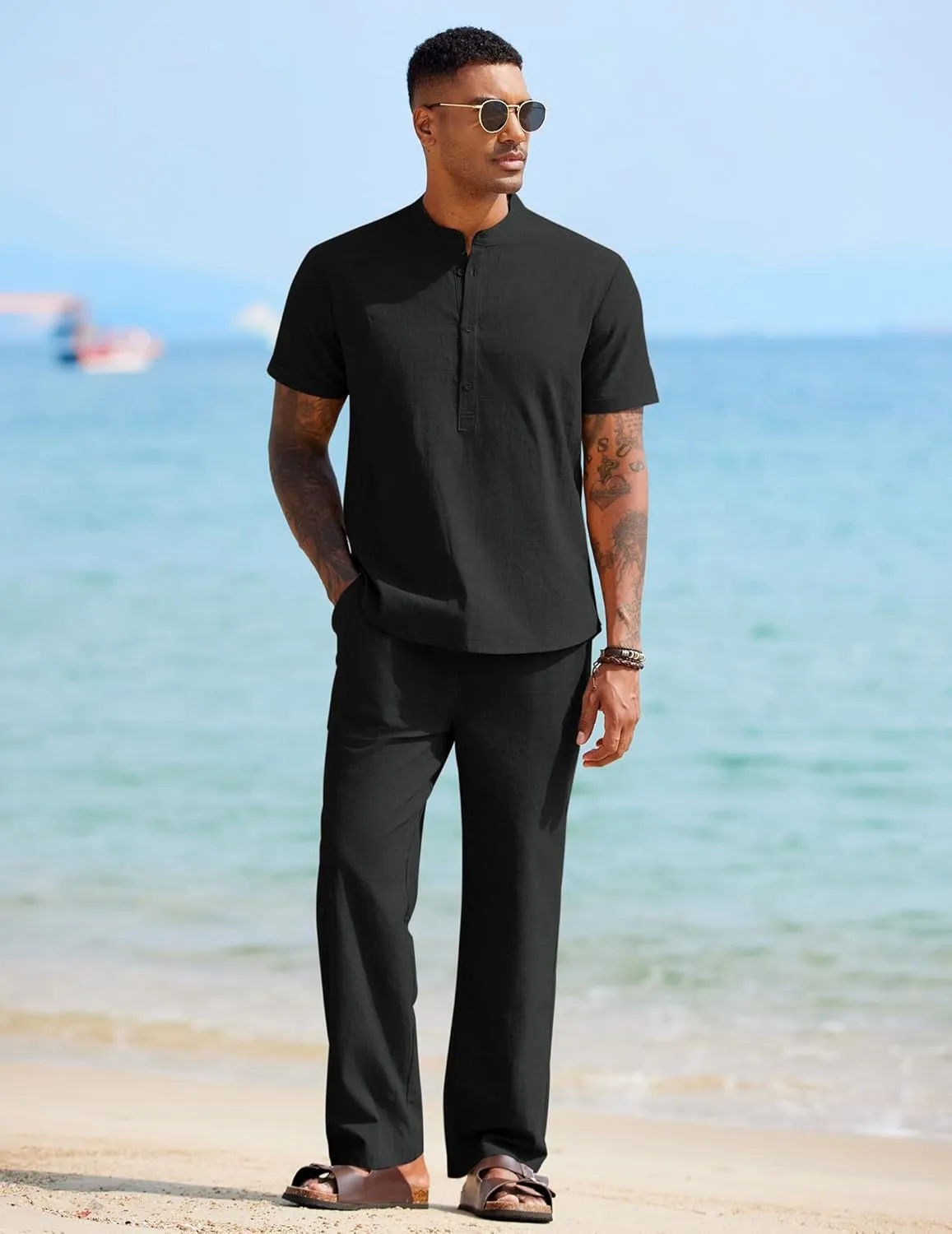 COOFANDY Mens 2 Pieces Cotton Linen Sets Short Sleeve Casual Henley Shirt Summer Beach Pants Lounge Vacation Outfits Set