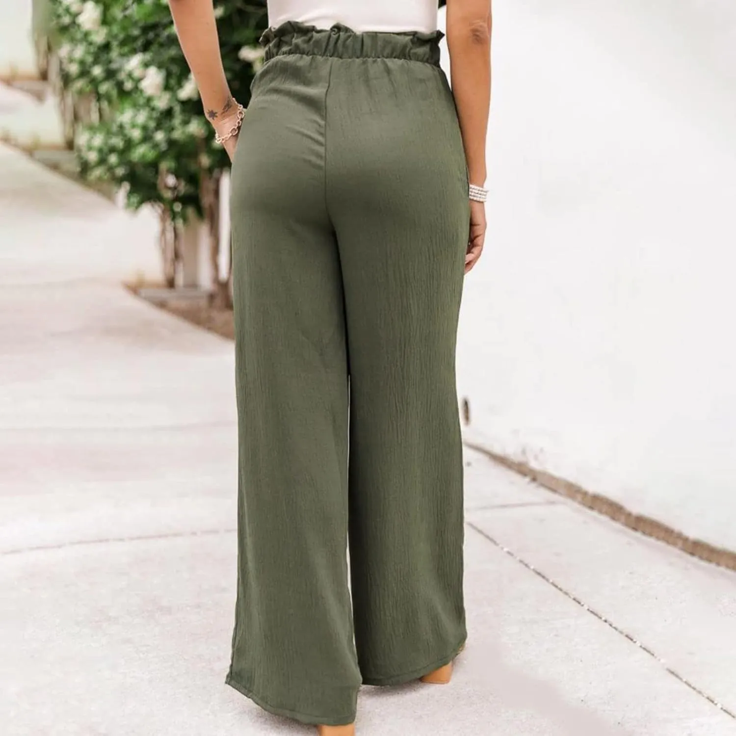 Corduroy Pleated Pants for Women Winter Everyday Hiking Pants with Pockets Elastic Waist High Waisted
