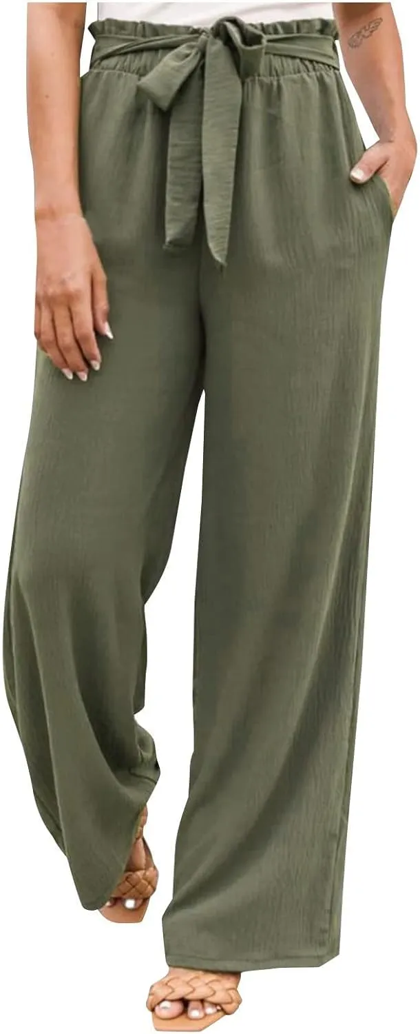 Corduroy Pleated Pants for Women Winter Everyday Hiking Pants with Pockets Elastic Waist High Waisted