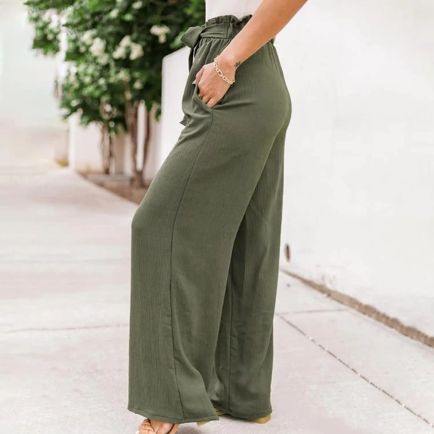 Corduroy Pleated Pants for Women Winter Everyday Hiking Pants with Pockets Elastic Waist High Waisted