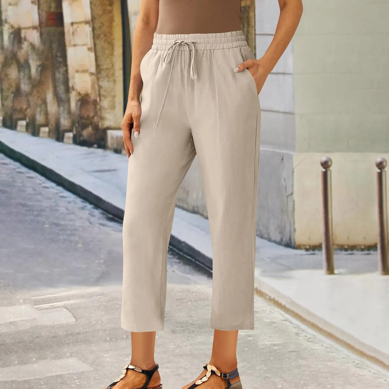Cotton Linen Cropped Pants for Women High Waist Straight Leg Lounge Capris Casual Slacks Summer Trouser with Pockets