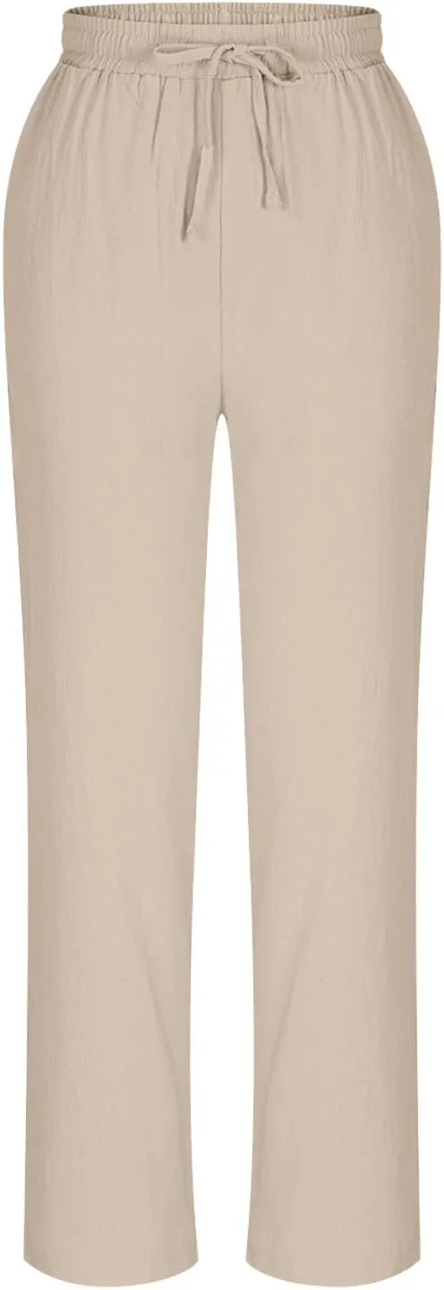 Cotton Linen Cropped Pants for Women High Waist Straight Leg Lounge Capris Casual Slacks Summer Trouser with Pockets