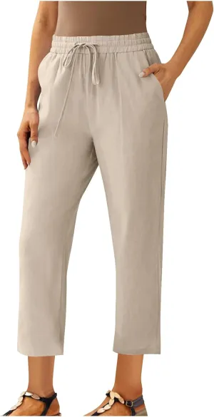 Cotton Linen Cropped Pants for Women High Waist Straight Leg Lounge Capris Casual Slacks Summer Trouser with Pockets