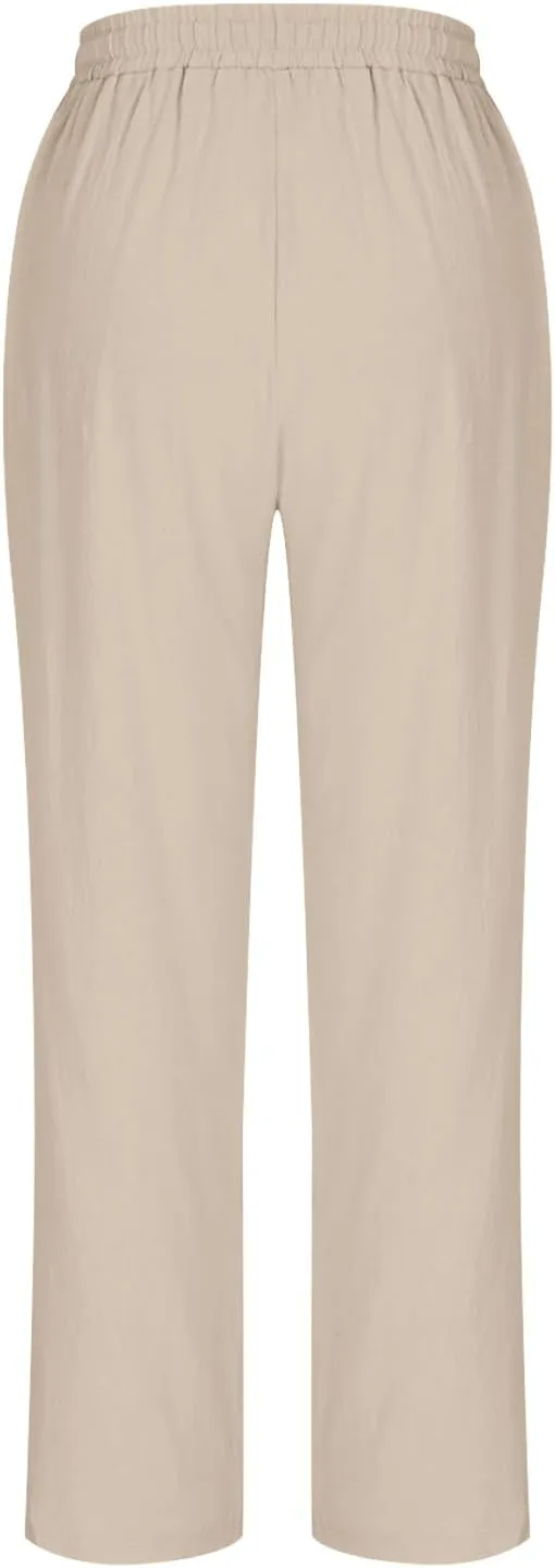 Cotton Linen Cropped Pants for Women High Waist Straight Leg Lounge Capris Casual Slacks Summer Trouser with Pockets