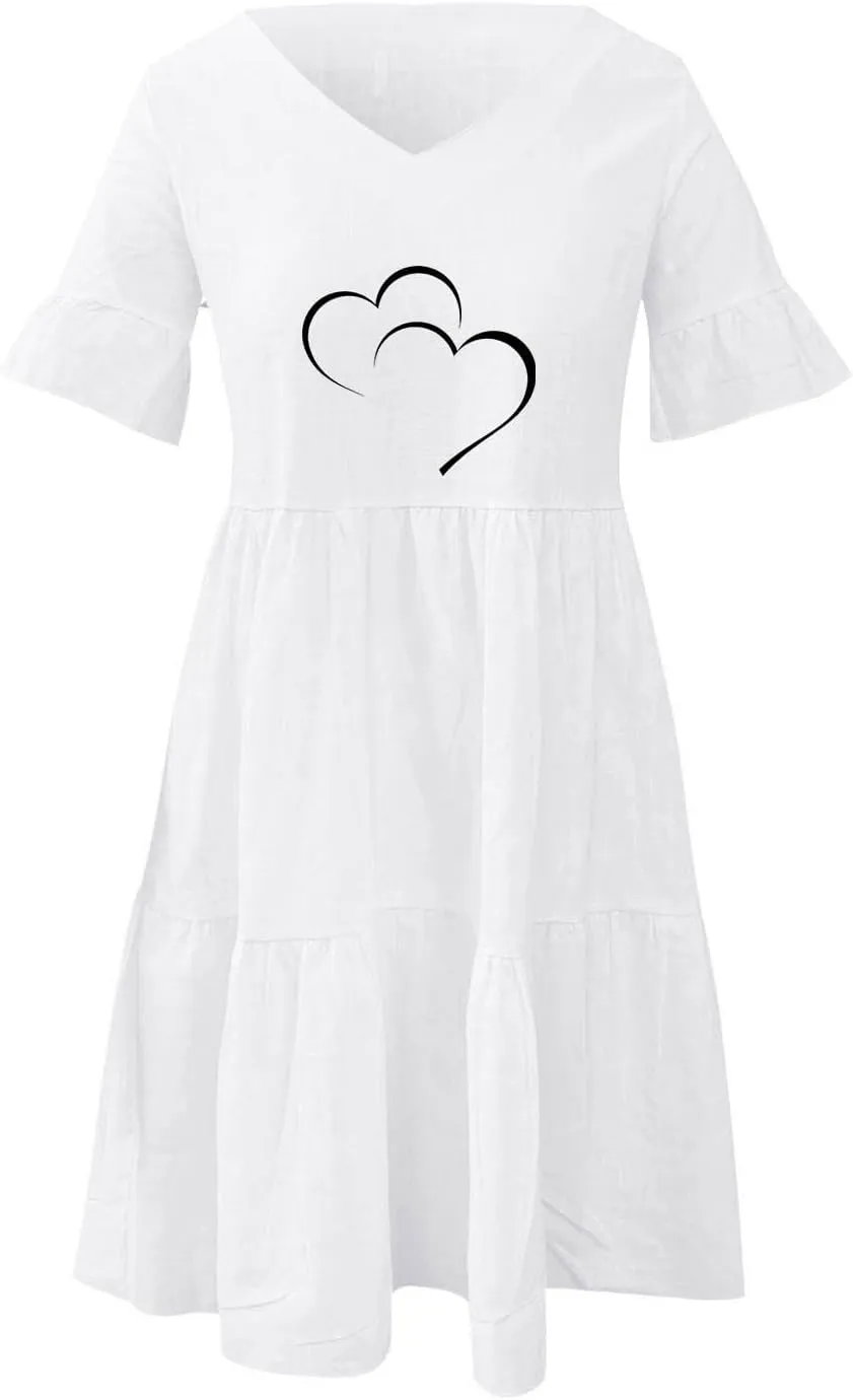 Cotton Linen Maxi Dress for Women Summer Casual Ruffle Flowy Sleeve Boho Dresses Plus Size Beach Mini Dress Loose Dress
