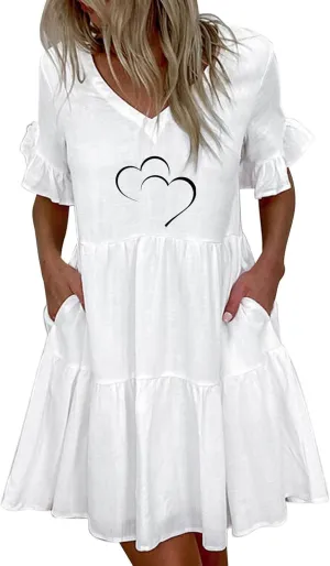 Cotton Linen Maxi Dress for Women Summer Casual Ruffle Flowy Sleeve Boho Dresses Plus Size Beach Mini Dress Loose Dress