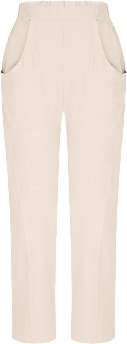 Cotton Linen Pants for Women Wide Leg Lounge Trousers Elastic High Waist Casual Summer Beach Pants Vacation Outfits
