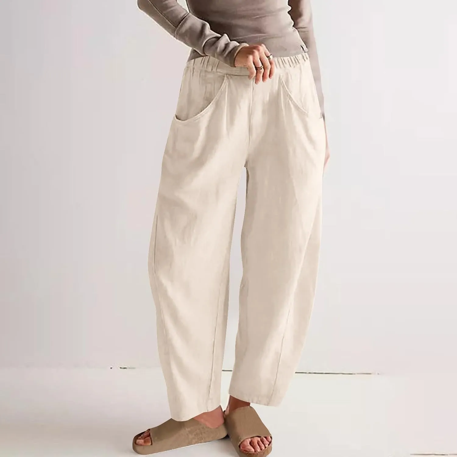 Cotton Linen Pants for Women Wide Leg Lounge Trousers Elastic High Waist Casual Summer Beach Pants Vacation Outfits