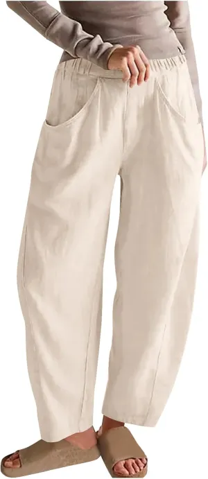 Cotton Linen Pants for Women Wide Leg Lounge Trousers Elastic High Waist Casual Summer Beach Pants Vacation Outfits