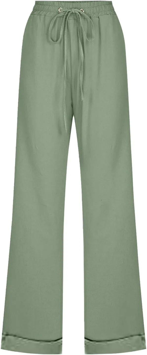 Cotton Linen Pants Women Casual Summer Loose Fit Solid Color Straight Leg Beach High Waist Linen Pants Comfy Lounge Trousers