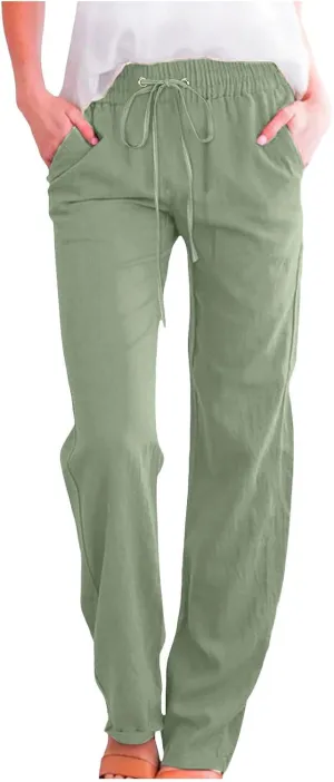 Cotton Linen Pants Women Casual Summer Loose Fit Solid Color Straight Leg Beach High Waist Linen Pants Comfy Lounge Trousers