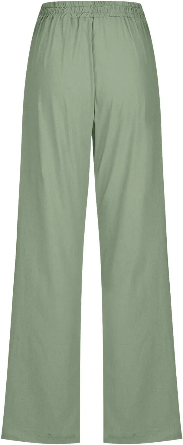Cotton Linen Pants Women Casual Summer Loose Fit Solid Color Straight Leg Beach High Waist Linen Pants Comfy Lounge Trousers