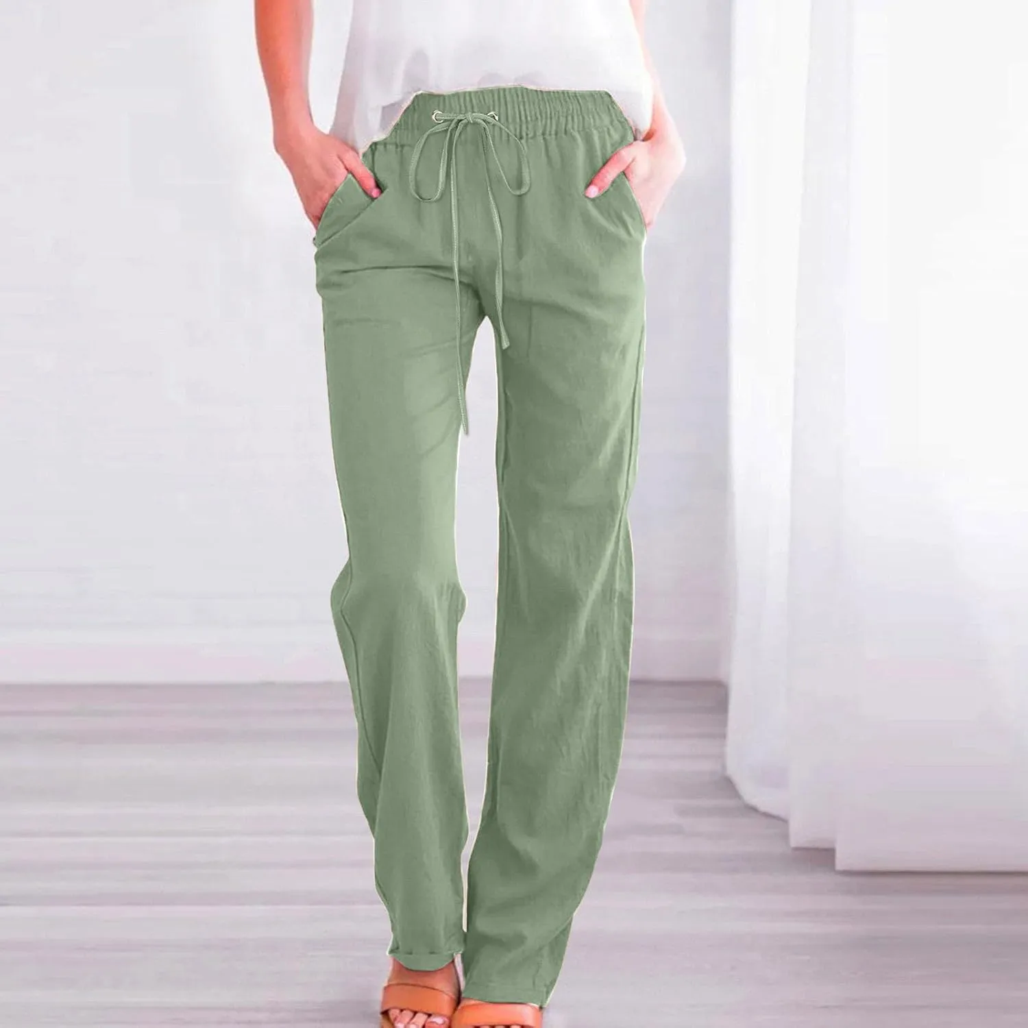 Cotton Linen Pants Women Casual Summer Loose Fit Solid Color Straight Leg Beach High Waist Linen Pants Comfy Lounge Trousers