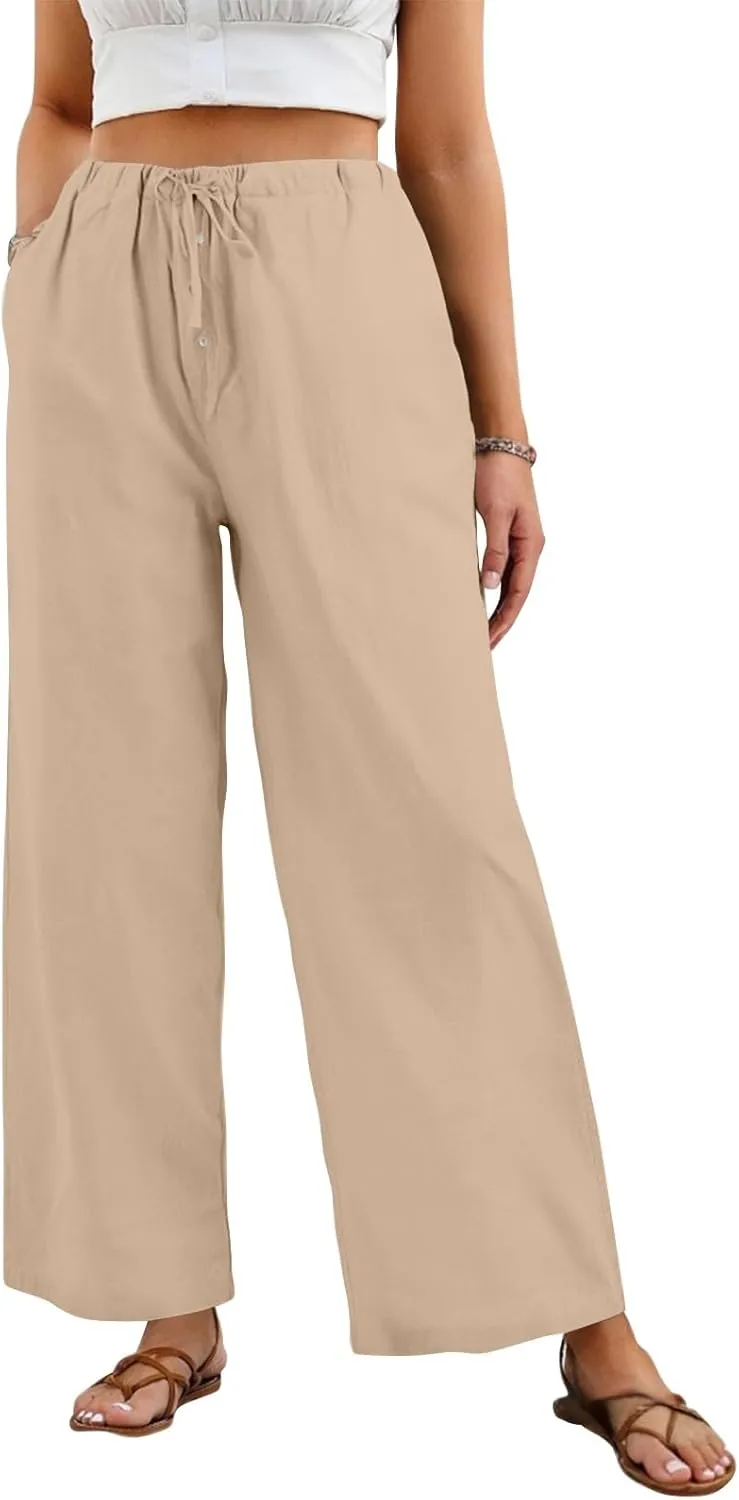 Cotton Linen Pants Women Summer Casual Loose Beach Pants Drawstring Flowy Wide Leg Palazzo Trousers with Pockets