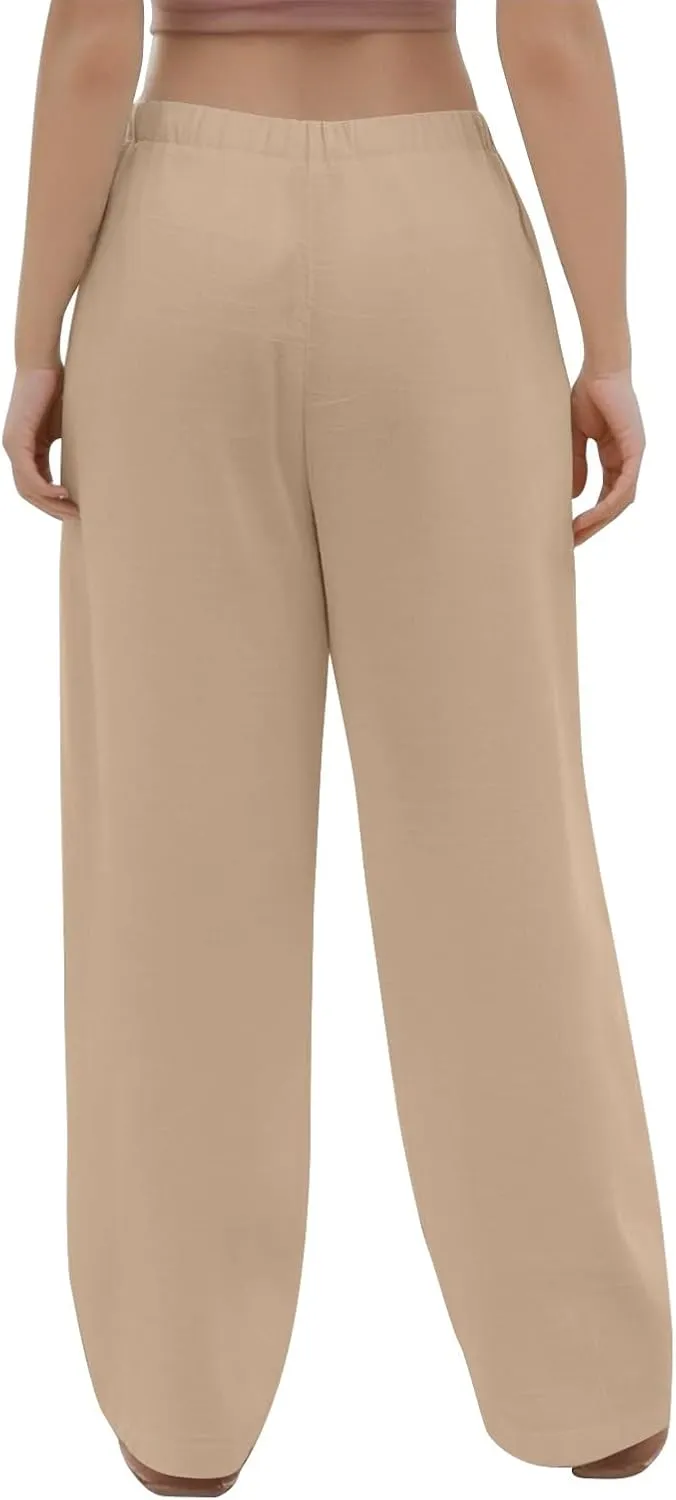 Cotton Linen Pants Women Summer Casual Loose Beach Pants Drawstring Flowy Wide Leg Palazzo Trousers with Pockets