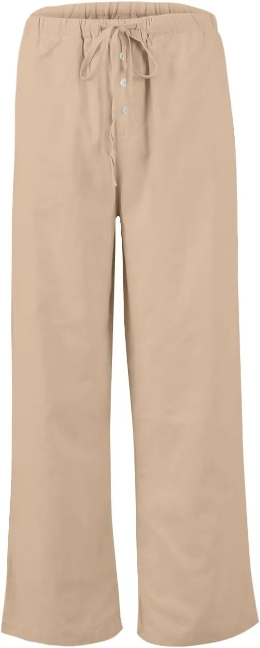 Cotton Linen Pants Women Summer Casual Loose Beach Pants Drawstring Flowy Wide Leg Palazzo Trousers with Pockets