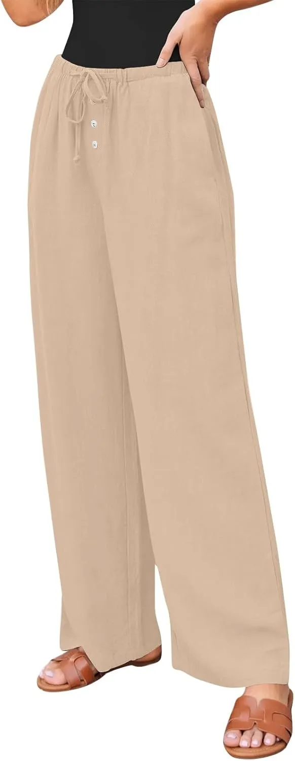 Cotton Linen Pants Women Summer Casual Loose Beach Pants Drawstring Flowy Wide Leg Palazzo Trousers with Pockets