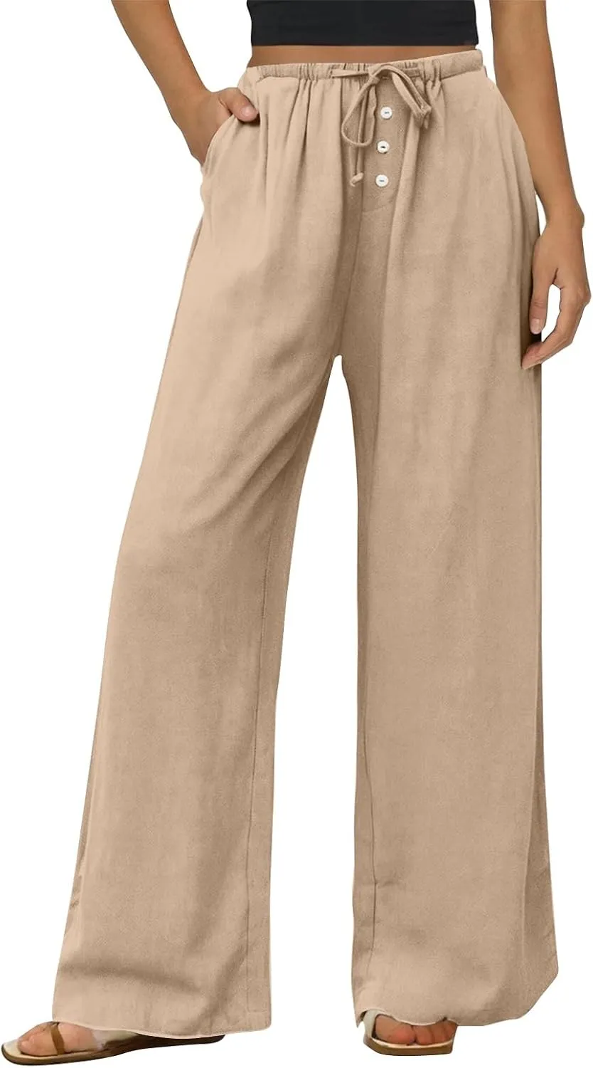 Cotton Linen Pants Women Summer Casual Loose Beach Pants Drawstring Flowy Wide Leg Palazzo Trousers with Pockets