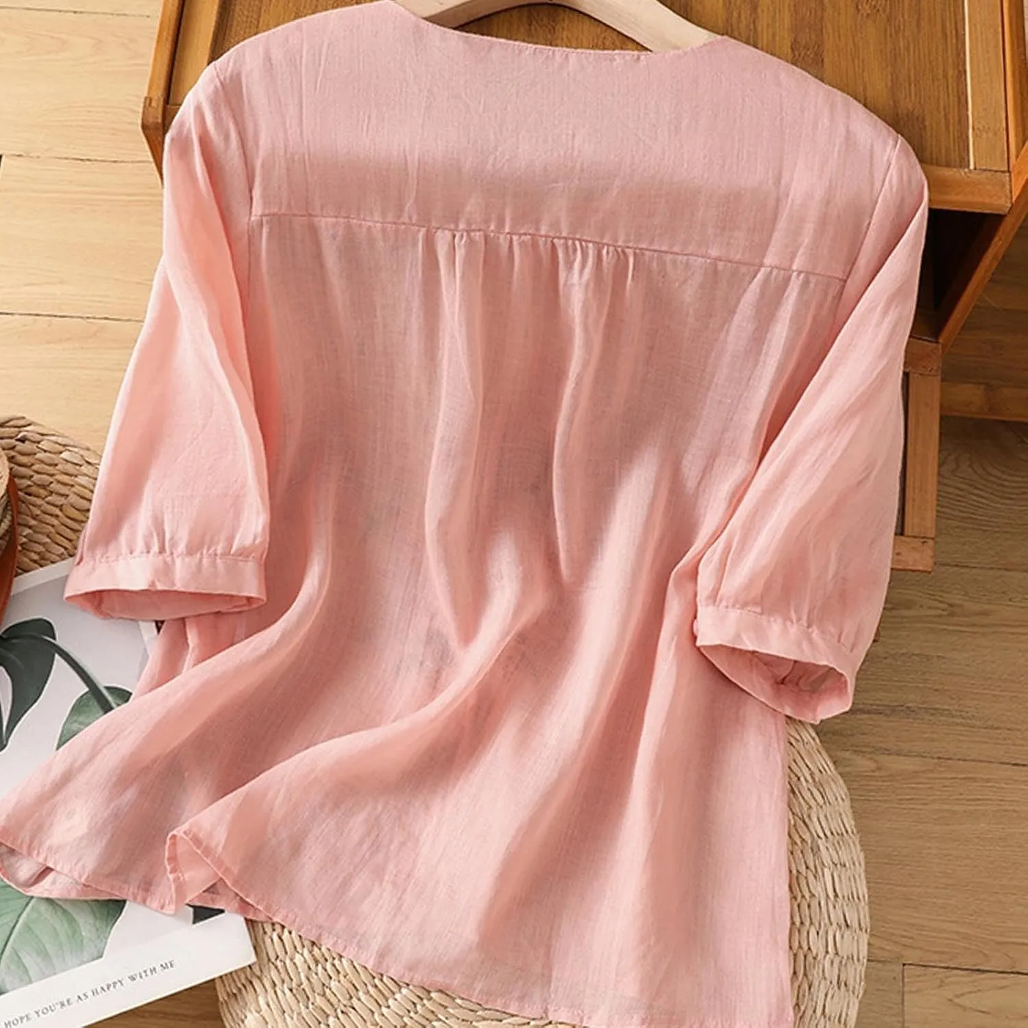 Cotton Linen Shirts for Women 2025 Floral Embroidered Tops Boho Ethnic Women 3/4 Sleeve V Neck Button Tunic Tshirt
