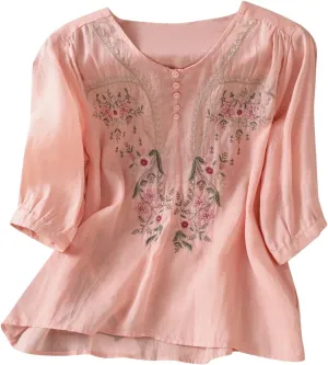 Cotton Linen Shirts for Women 2025 Floral Embroidered Tops Boho Ethnic Women 3/4 Sleeve V Neck Button Tunic Tshirt