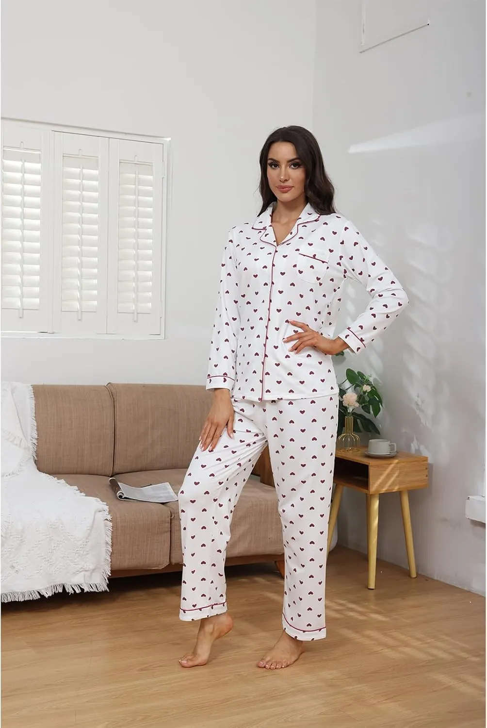 Cotton Pajamas for Women Set, Long Sleeve Button Down Shirts and Pants Soft Sleepwear Cute Pjs 2 Piece Lounge Wear Sets