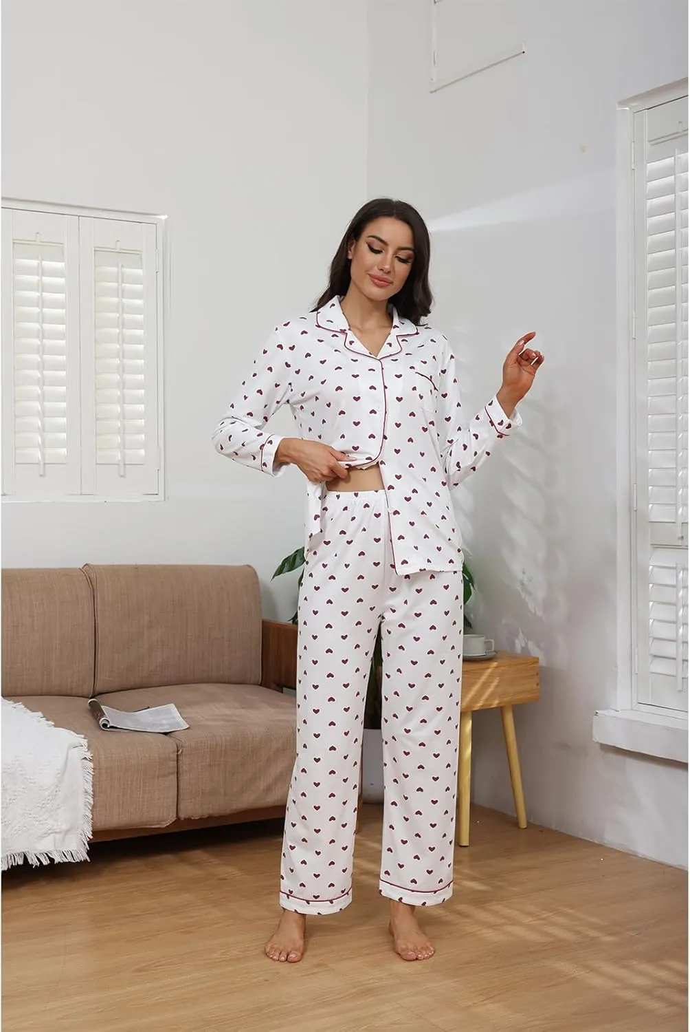 Cotton Pajamas for Women Set, Long Sleeve Button Down Shirts and Pants Soft Sleepwear Cute Pjs 2 Piece Lounge Wear Sets