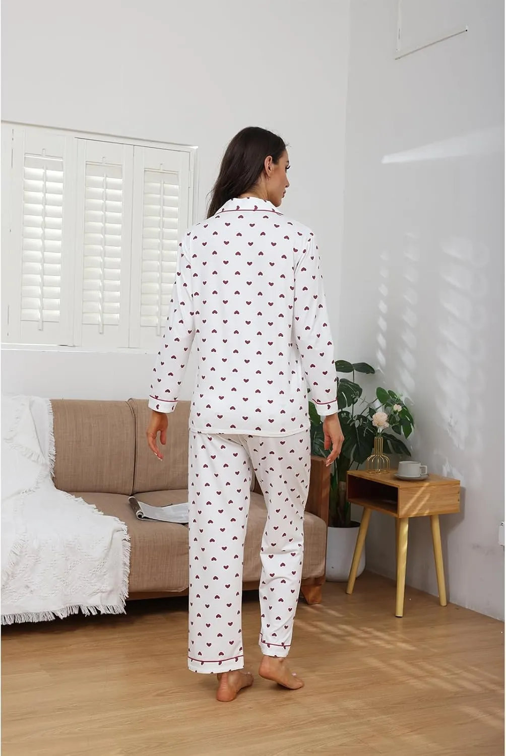 Cotton Pajamas for Women Set, Long Sleeve Button Down Shirts and Pants Soft Sleepwear Cute Pjs 2 Piece Lounge Wear Sets