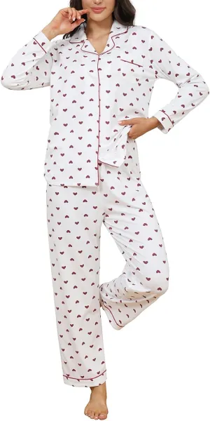Cotton Pajamas for Women Set, Long Sleeve Button Down Shirts and Pants Soft Sleepwear Cute Pjs 2 Piece Lounge Wear Sets