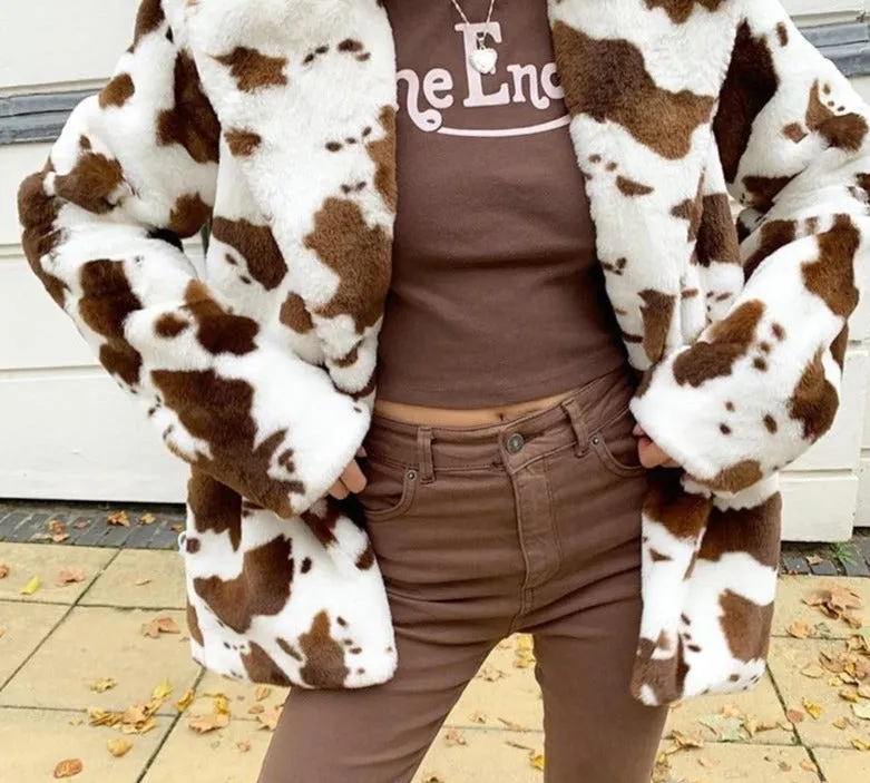 Cow Pattern  Brown Coats Streetwear Women Warm Winter