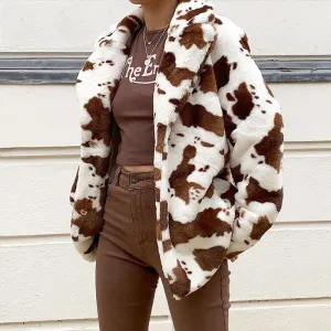 Cow Pattern  Brown Coats Streetwear Women Warm Winter