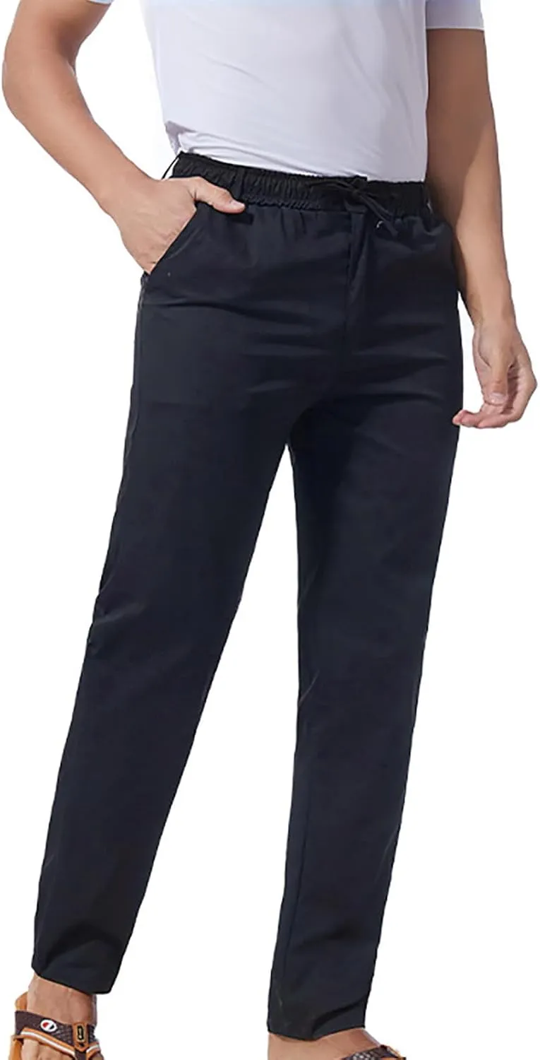 Ctreela Summer Fall Chino Pants Men Casual Drawstring Elastic Waist Daily Pants Lightweight Thin Slim-Fit Slacks Trousers