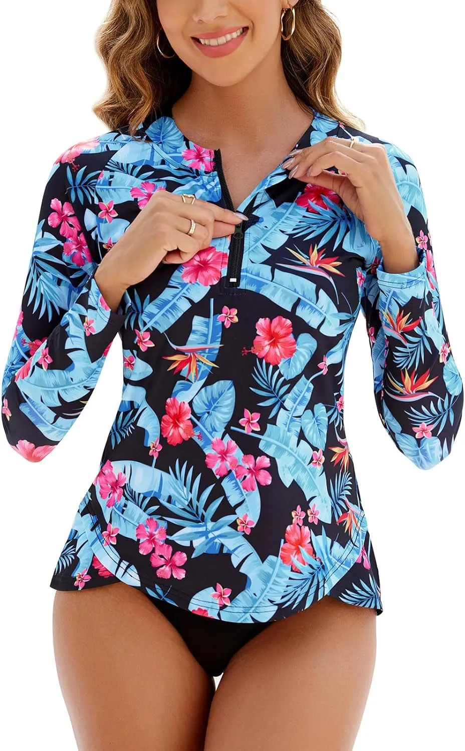 Cucuchy Style Womens 1/4 Zip Up Rash Guard for Women Long Sleeve Swim Shirts UV Sun Protection Swimsuit S-2XL