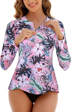 Cucuchy Style Womens 1/4 Zip Up Rash Guard for Women Long Sleeve Swim Shirts UV Sun Protection Swimsuit S-2XL