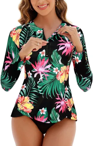 Cucuchy Style Womens 1/4 Zip Up Rash Guard for Women Long Sleeve Swim Shirts UV Sun Protection Swimsuit S-2XL
