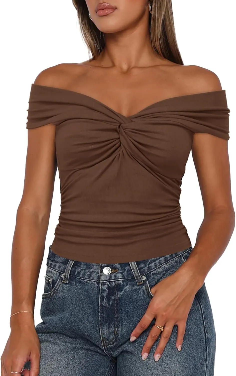 Darong Women Summer Twist Knot Front Off The Shoulder Tank Tops Cap Sleeve Going Out Shirts Slim Fitted Y2K Outfits