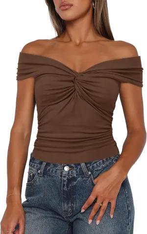 Darong Women Summer Twist Knot Front Off The Shoulder Tank Tops Cap Sleeve Going Out Shirts Slim Fitted Y2K Outfits
