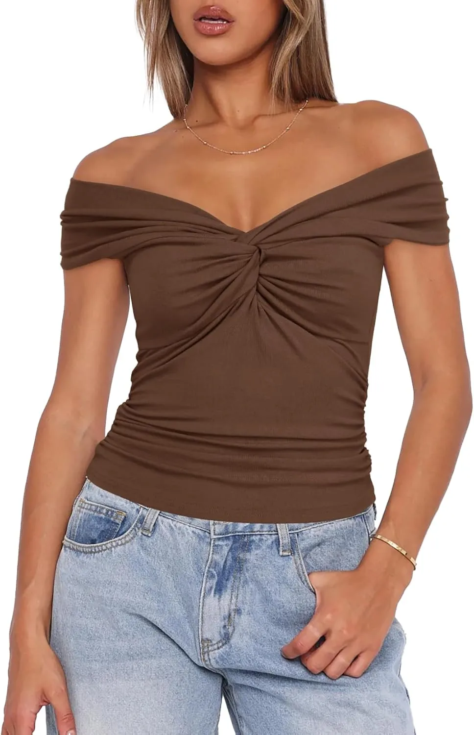 Darong Women Summer Twist Knot Front Off The Shoulder Tank Tops Cap Sleeve Going Out Shirts Slim Fitted Y2K Outfits