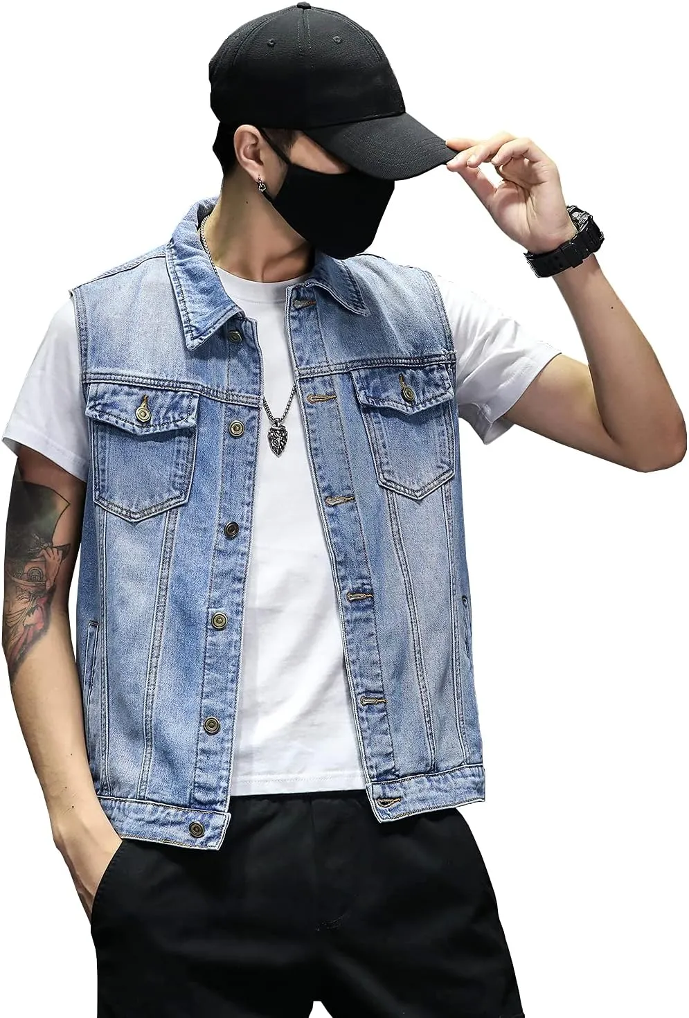 DAVID.ANN Mens Denim Vest Jacket Sleeveless Trucker Jean Jacket