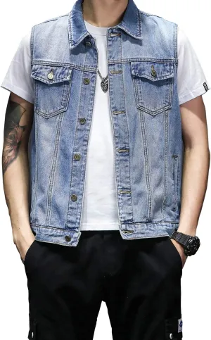 DAVID.ANN Mens Denim Vest Jacket Sleeveless Trucker Jean Jacket
