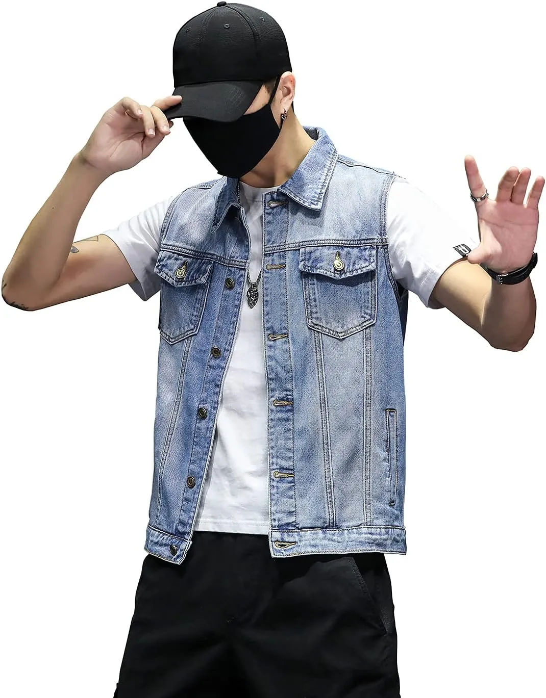 DAVID.ANN Mens Denim Vest Jacket Sleeveless Trucker Jean Jacket